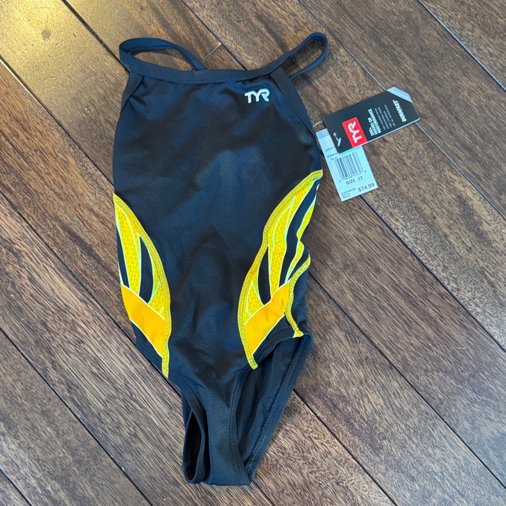 TYR Little Girl Black One-Piece Swimsuit with Yellow Accents size 22